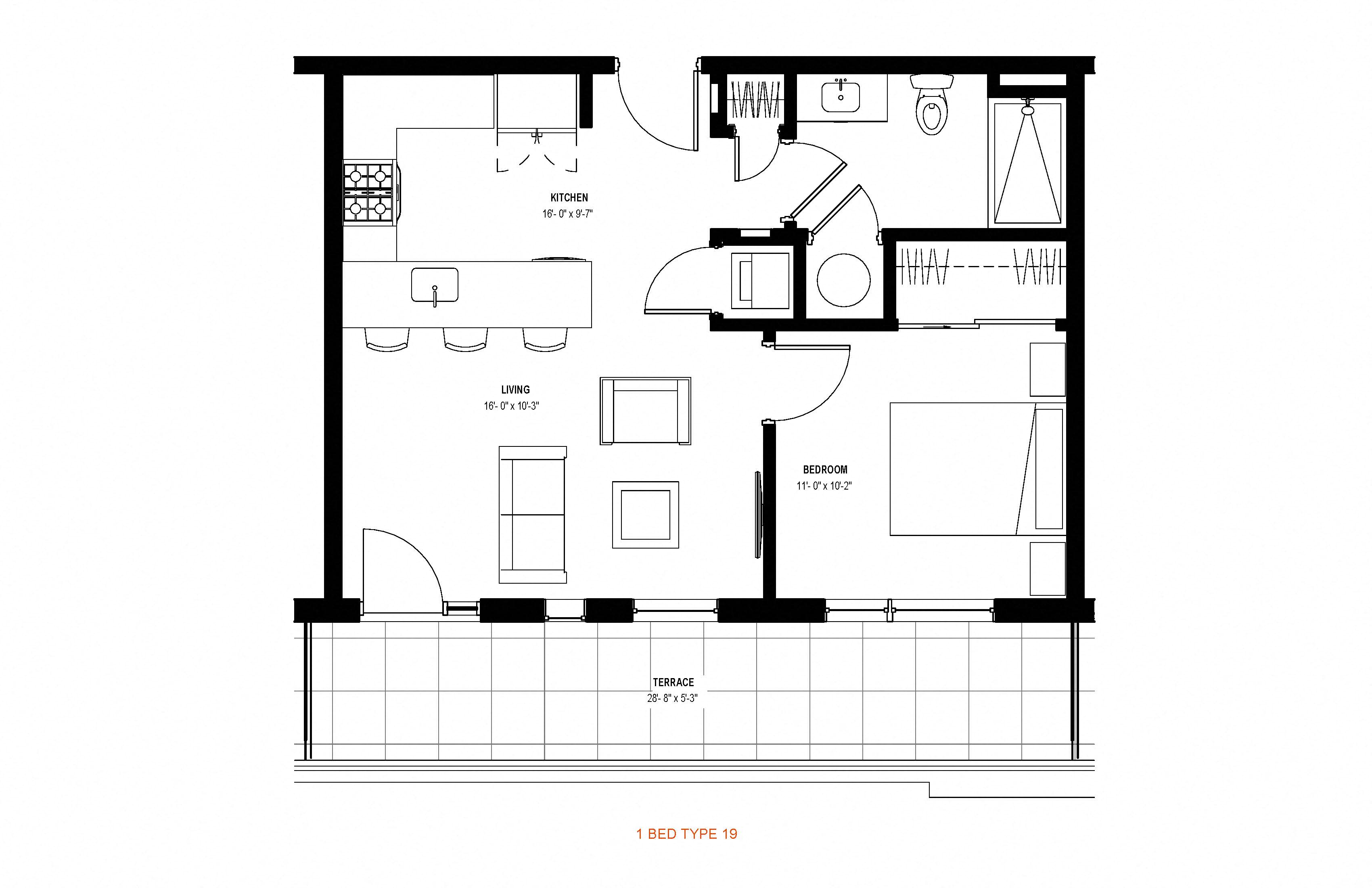 Floor plan for 1 bed, 1 bath, 579 sqft